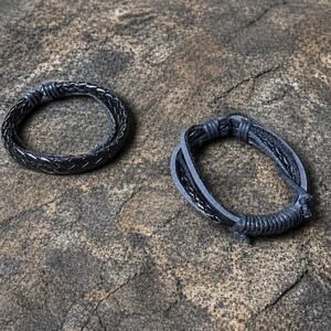 2Pcs Black Leather Cord Braided Couples Friendship Bracelets Set Gift NEW